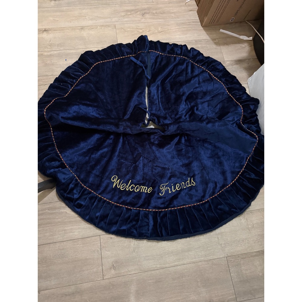 Dan Dee Navy Blue Velvet Welcome Friends Christmas Tree Skirt Gold Embroidery